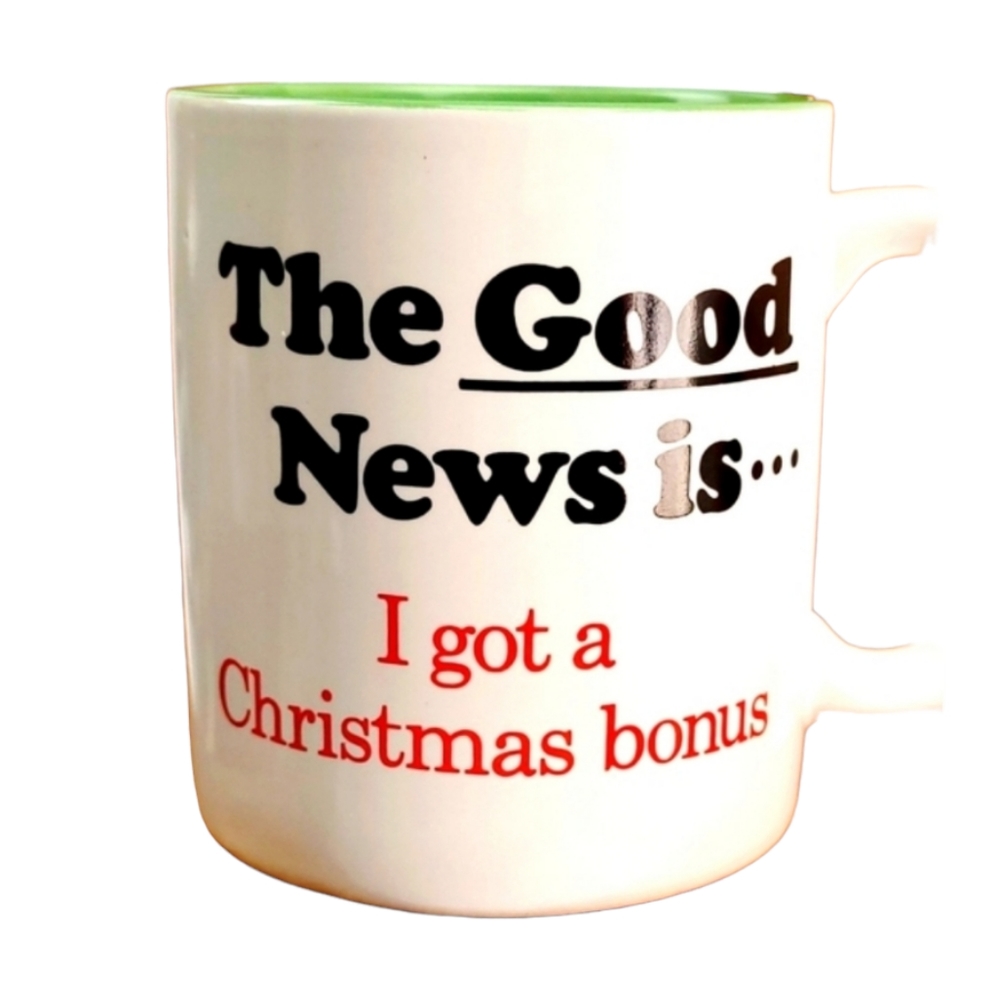 Enesco Vintage 1987 Christmas Good News Bad News Red & Green Coffee Mug